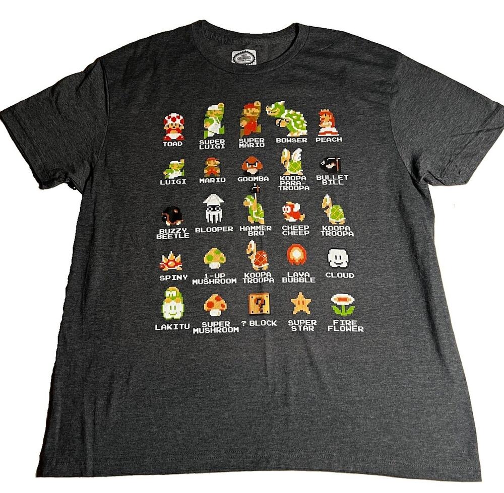 Nintendo Super Mario Bros Pixel Characters Graphic T Shirt Gray Men’s Medium